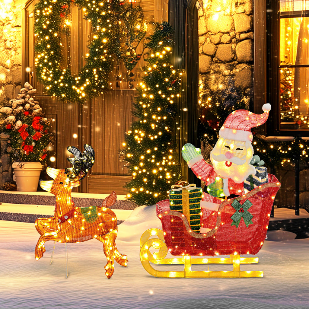 Leuchtende Weihnachts-Dekoration, Weihnachtsmann auf Schlitten mit Rentieren, 246 LED-Lichter, Bodenspieße, Mehrfarbig