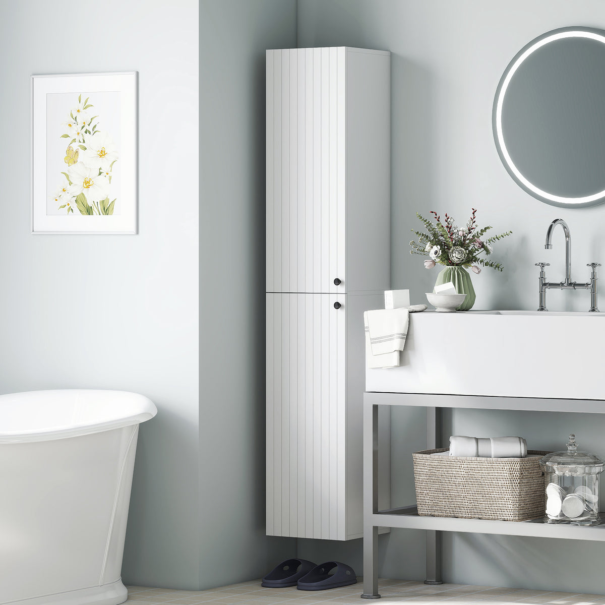 Wandmontierter Badezimmerschrank, lackierte Oberfl?che, 6 Regale, MDF, Wei?