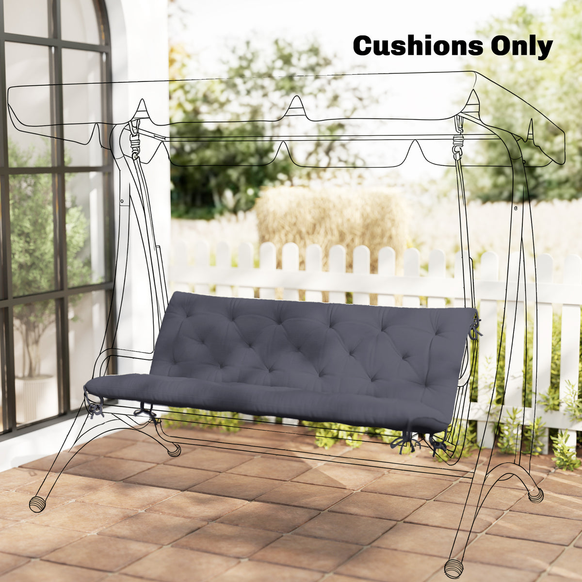 3 Sitzer Bankauflage 150 x 98 x 8 cm Sitzkissen mit Bändern Rückenkissen für Indoor/Outdoor Polster Auflage für Sitzbank Gartenbank Gartenmöbel Hollywoodschaukeln Dunkelgrau