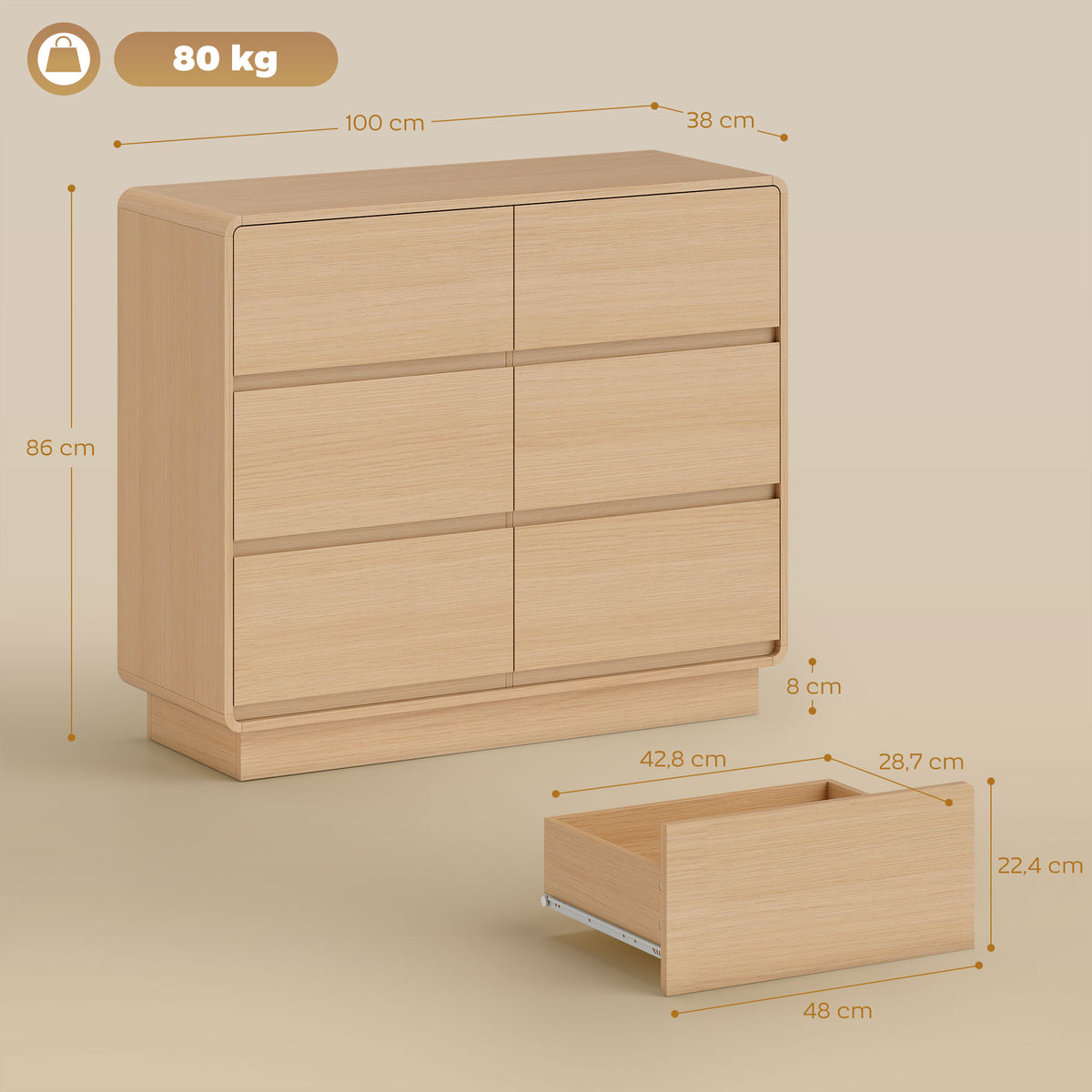 100 cm Sideboard, Buffetschrank mit 6 Schubladen, Kommode für Küche, Wohnzimmer, Esszimmer, Naturholz