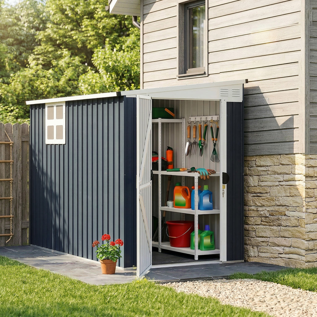 7.6 x 4ft Lean to Garden Metal Shed, Outdoor Storage Shed with Window, 2 Vents and Lockable Door for Garden, Dark Grey