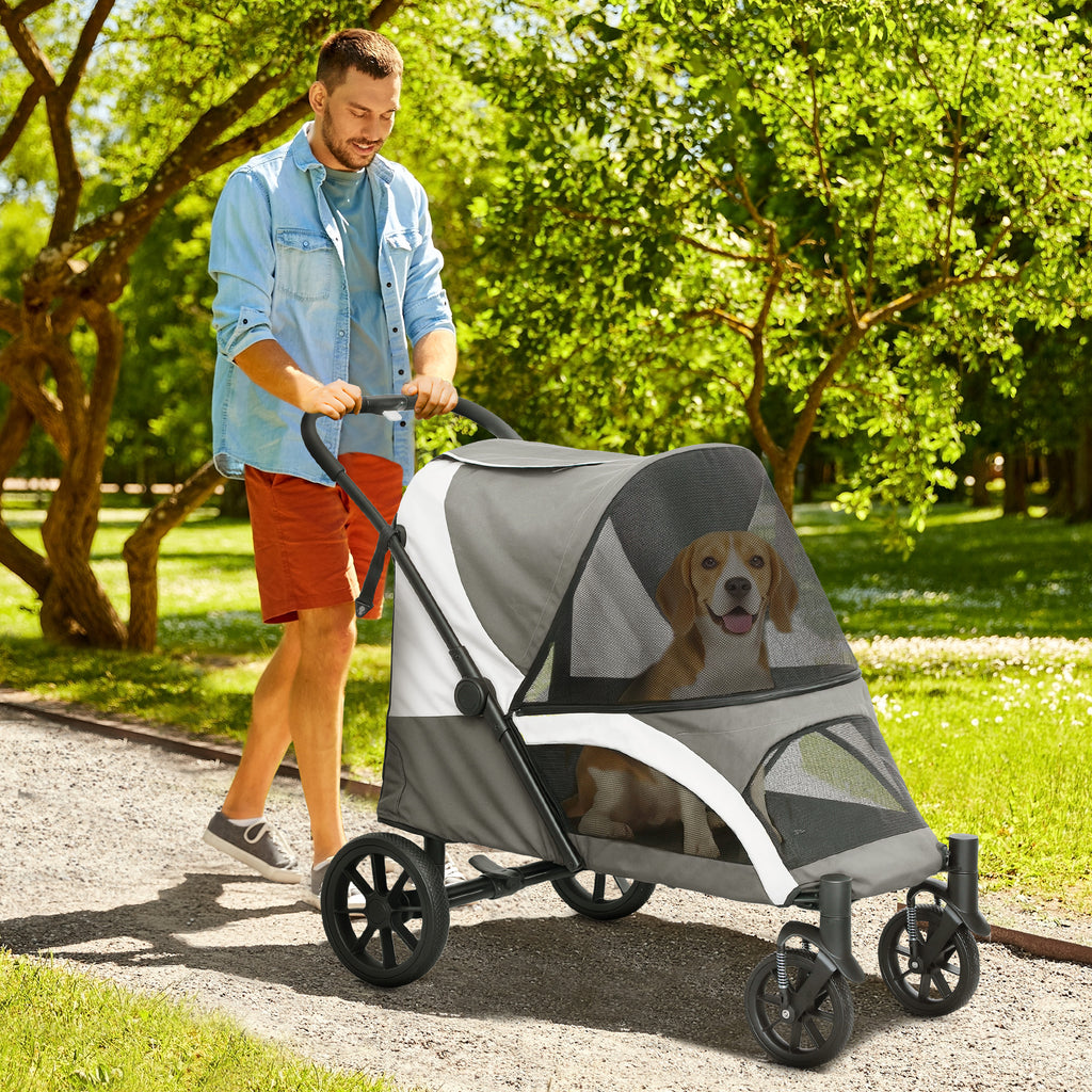 Foldable Pet Stroller for Medium Dogs with 4 Big Wheels, Shock-Absorbing Frame, Safety Leashes, Brakes, Dark Grey