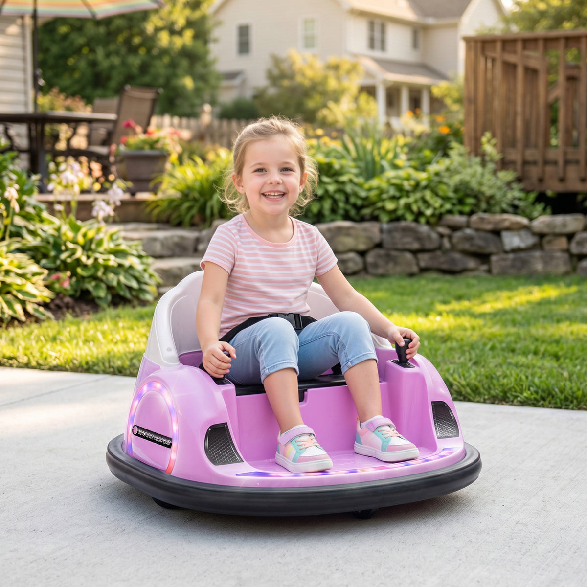 Autoscooter, 360° Rotation, 2 km/h Geschwindigkeit, Sicherheitsgurt, LED-Lichter, Musik und Hupe, Rosa