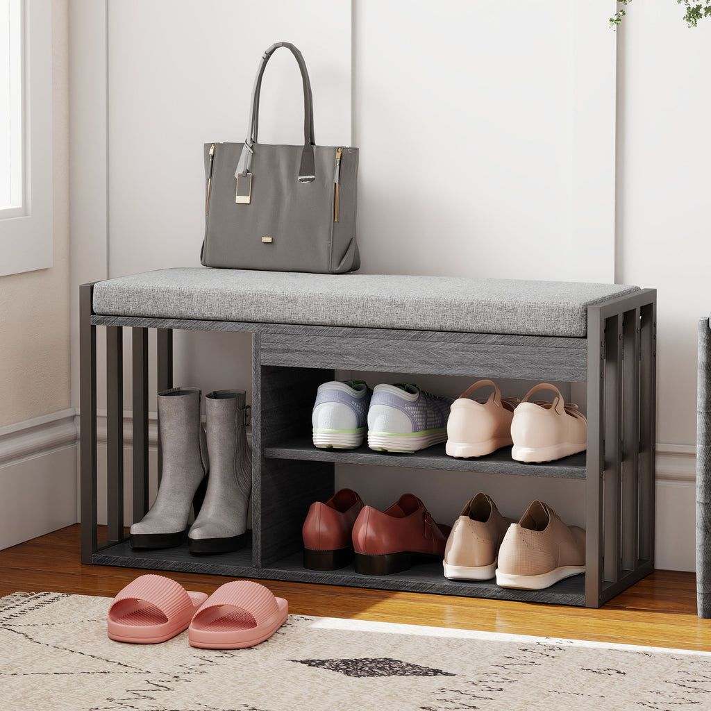 Schuhregal mit Sitzbank, Flurregal für Schuhe, Schuhschrank mit 3-stufigem Design, für Flur, Eingangsbereich, Wohnzimmer, Schlafzimmer, Grau