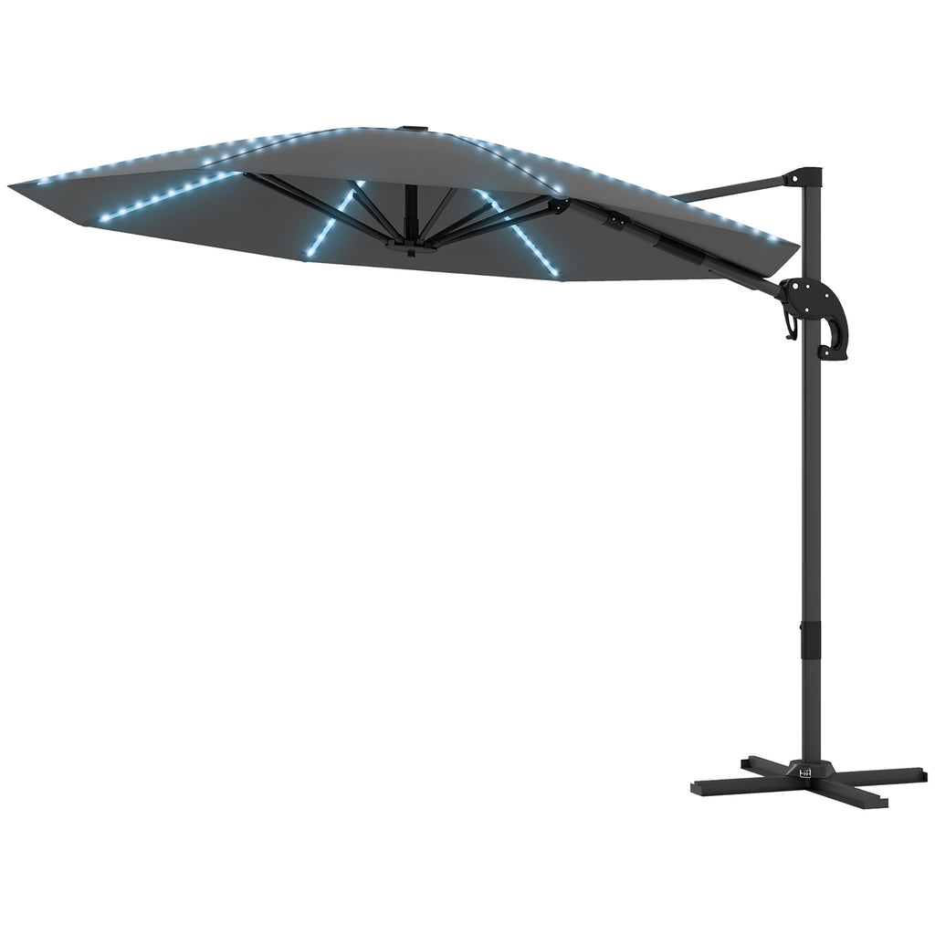 3(m) Cantilever Garden Parasol with Solar Powered Lights, Crank Handle & Cross Base, UPF 50+, 360¡ã Rotation, Dark Grey