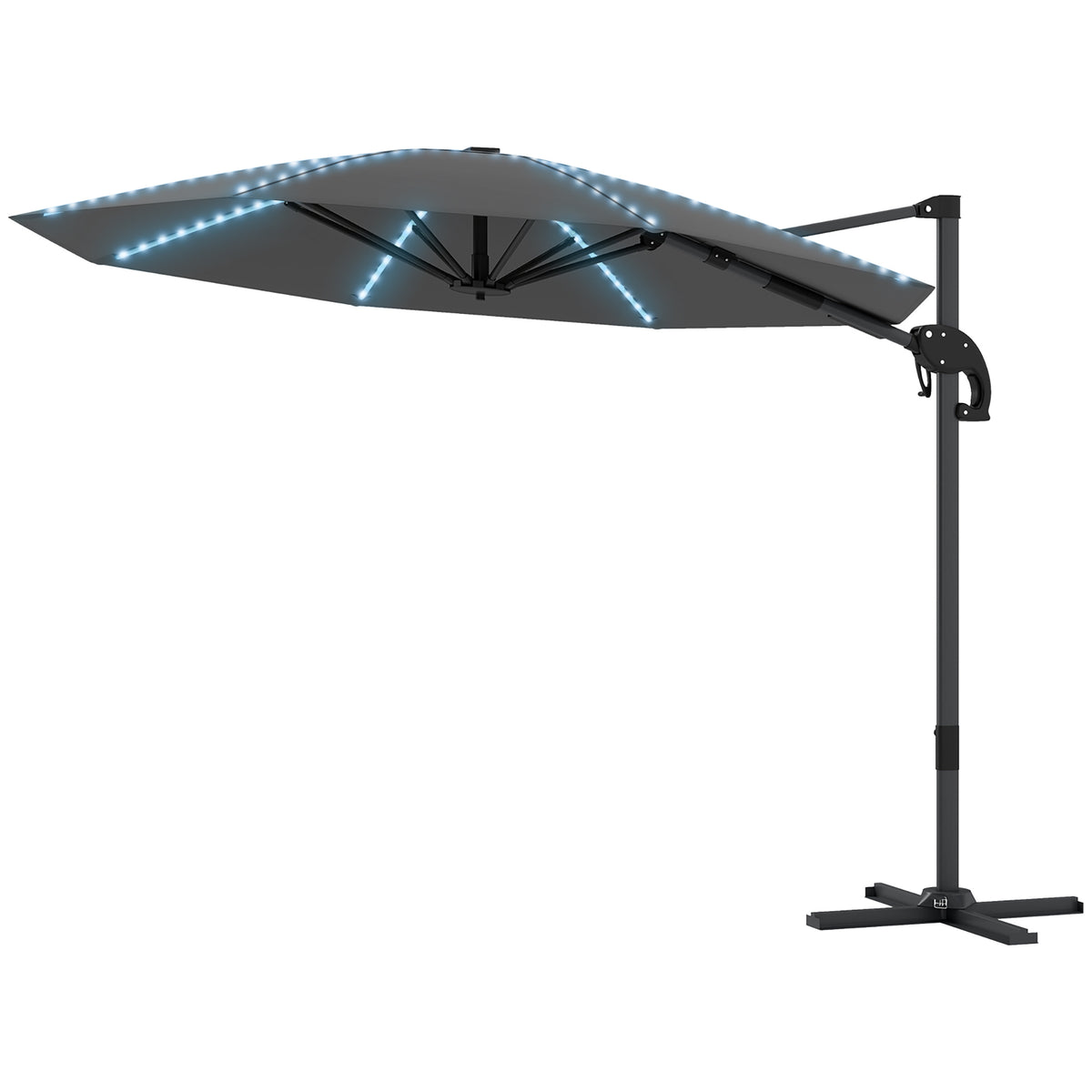 3(m) Cantilever Garden Parasol with Solar Powered Lights, Crank Handle & Cross Base, UPF 50+, 360¡ã Rotation, Dark Grey