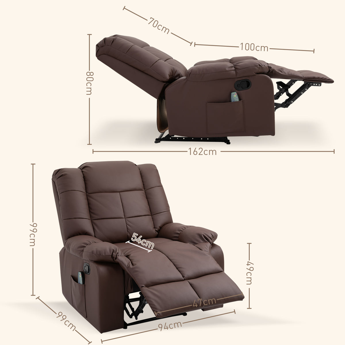 Massagesessel neigbar mit Fernbedienung 94 x 99 x 99cm Kunstleder Braun