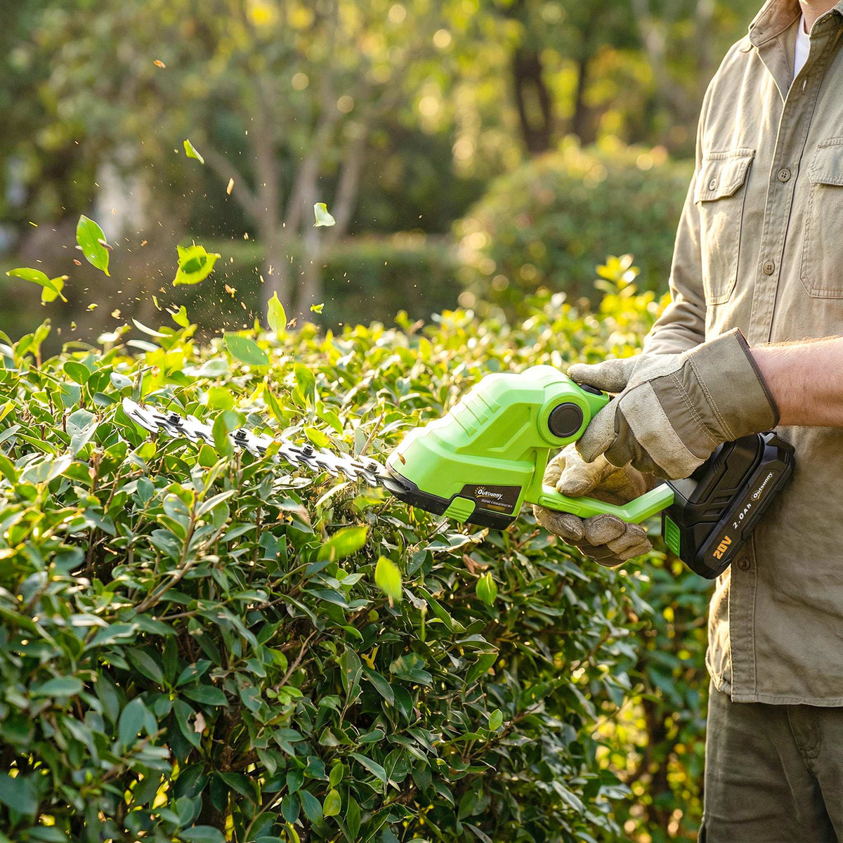 2-in-1 Akku Heckenschere Elektrischer Hecken & Strauchschere mit 20/10cm Schnittlänge, Ladegerät