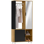 Kleiderschrank mit Spiegel und H?ngestange, Aufbewahrungsf?cher, offene Ablagefl?chen, Naturholz, Schwarz