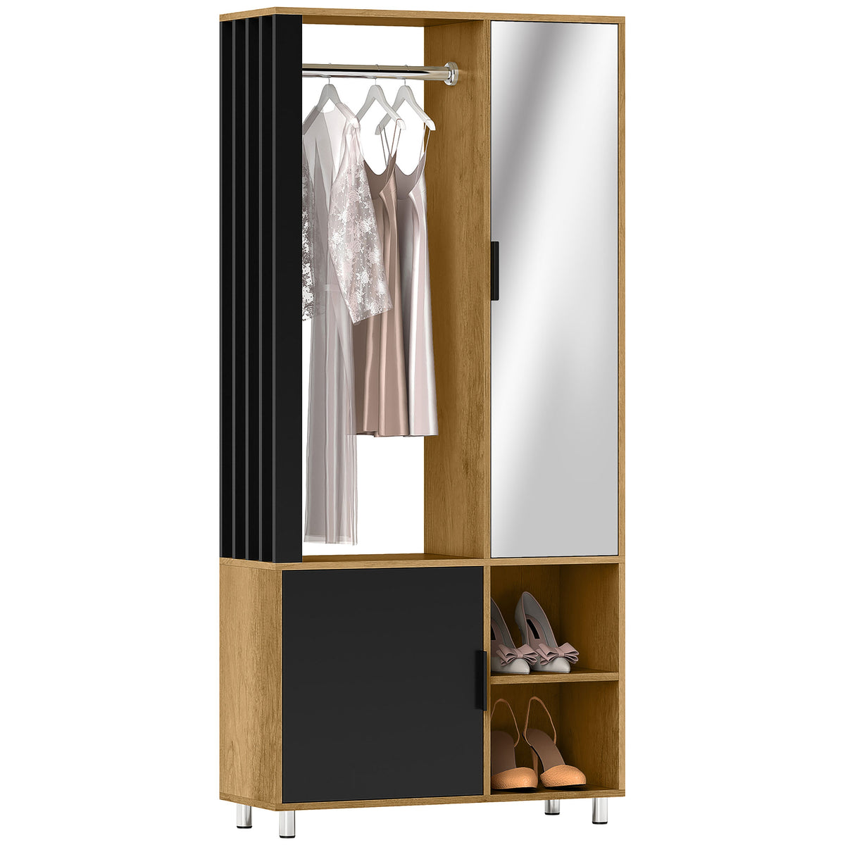 Kleiderschrank mit Spiegel und H?ngestange, Aufbewahrungsf?cher, offene Ablagefl?chen, Naturholz, Schwarz