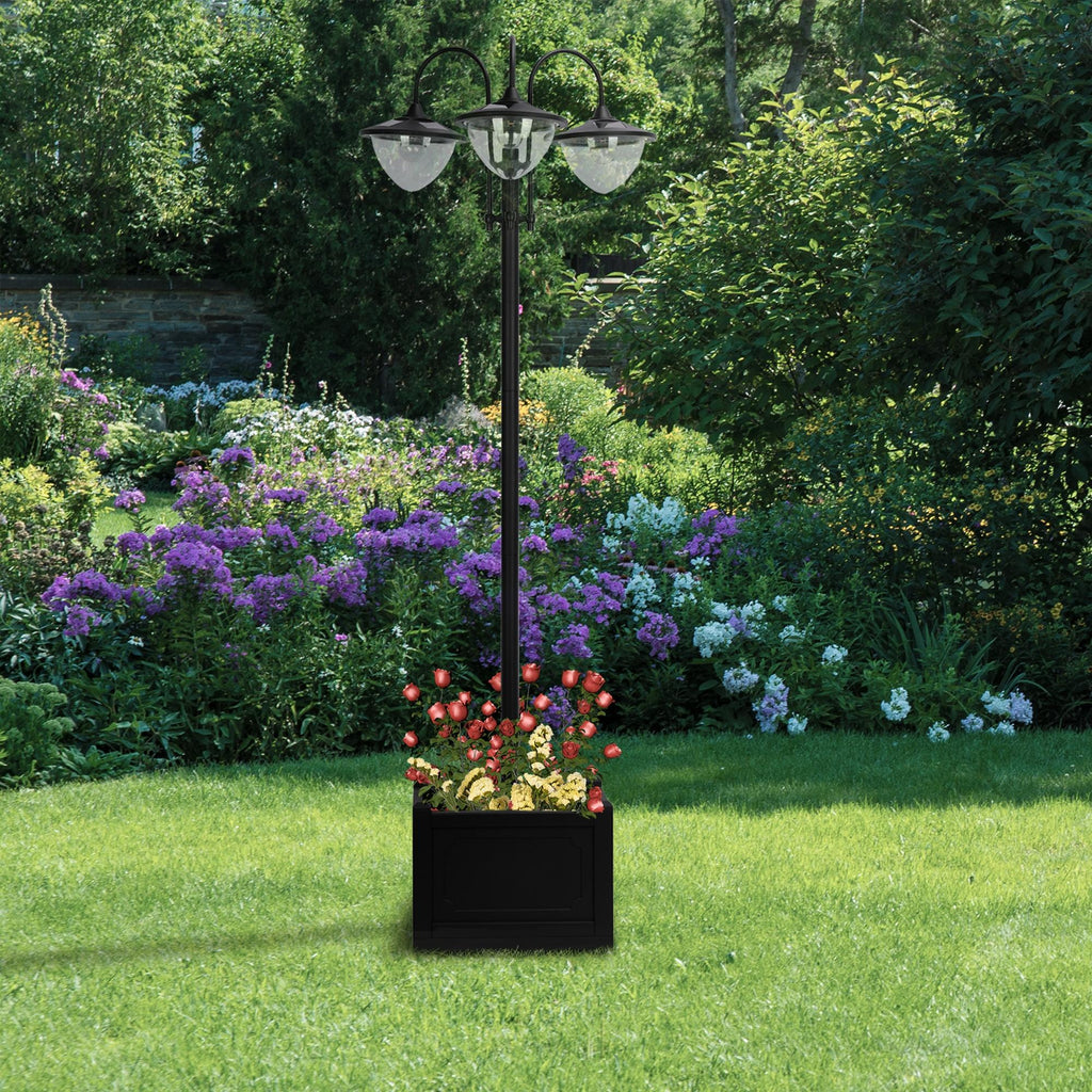  189cm 3-head Solar Lamp Post, Street Light with Planter, Automatic-on, 6 Hour Max Outdoor Ready LED Lighting, Black