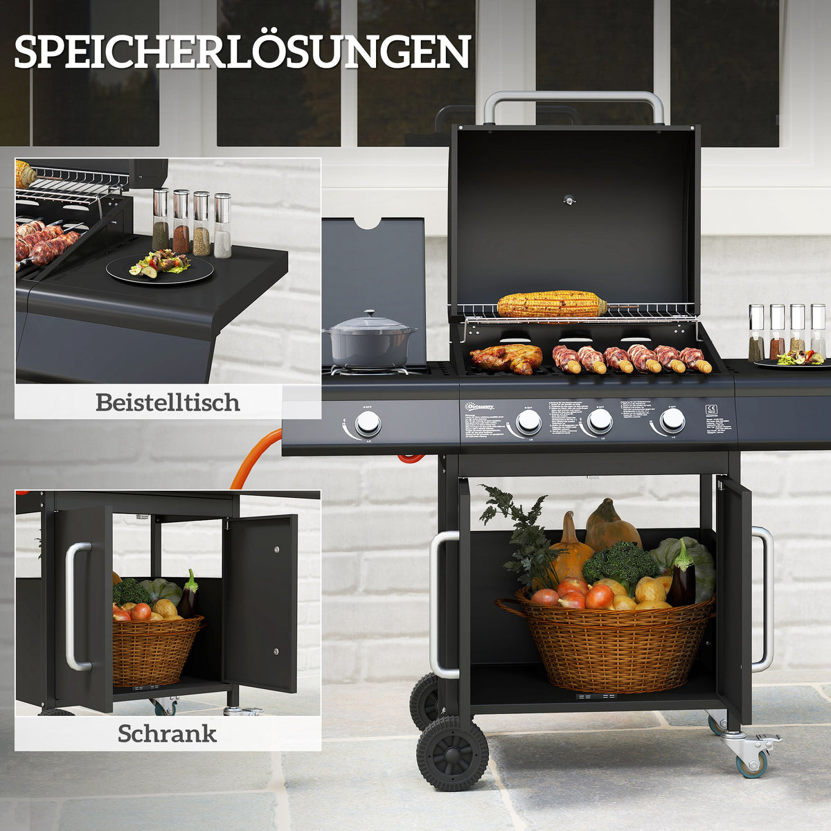 Fahrbarer Gasgrill mit Stauraum, Seitentisch, Seitenbrenner, Warmhalterost, Thermometer, Edelstahl, Schwarz