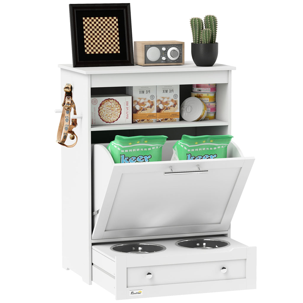 Pet Feeder Station, Dog, Cat Storage Container, with Raised Bowls, Hanger, Cabinet - White