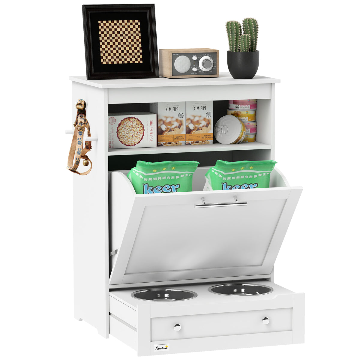 Pet Feeder Station, Dog, Cat Storage Container, with Raised Bowls, Hanger, Cabinet - White