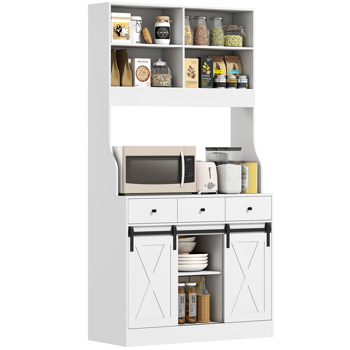 K¨¹chenschrank mit Regalen, Schr?nken, Schubladen und Ablagefl?che, Bauernhaus-Flair, verstellbare Regale, Holz, Wei?