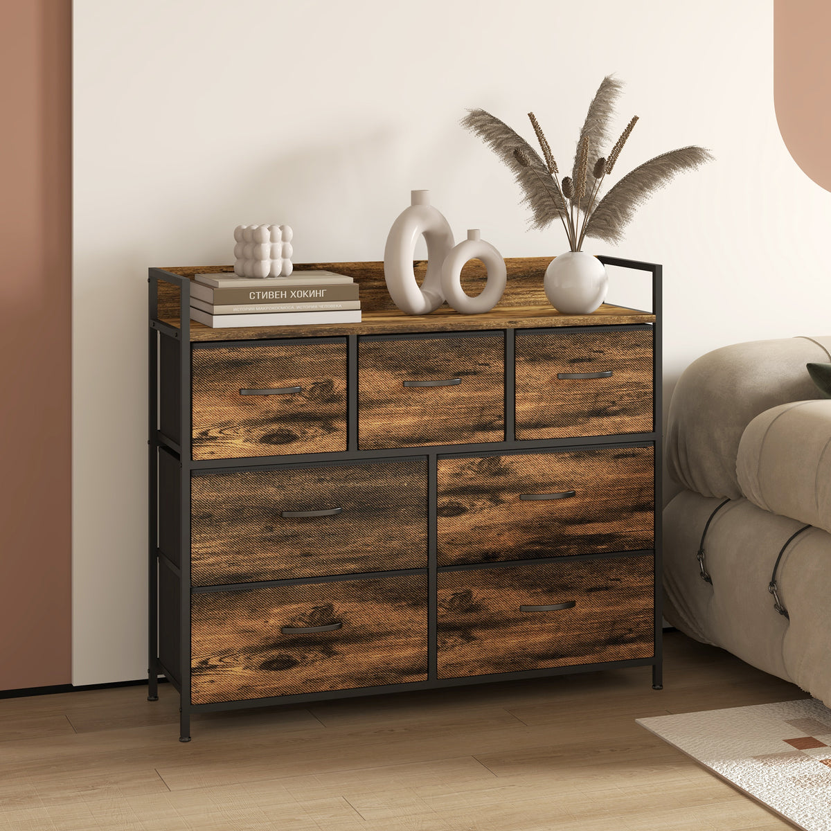 Kommode, Sideboard mit 7 Stoffschubladen, Industrial Design, Stahlrahmen, 98x29x85cm, Braun/Schwarz