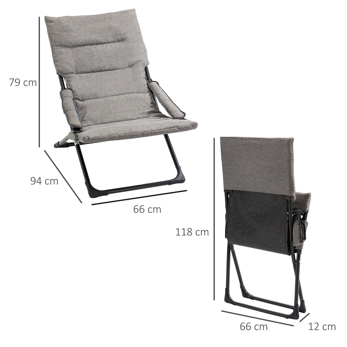  Gartenstuhl aus Metall Klappstuhl mit Auflage abnehmbar wetterfest klappbar Campingstuhl Liegestuhl 120kg Belastbarkeit Sitzmöbel für Garten Terrasse Balkon 66B x 94T x 79H cm Grau