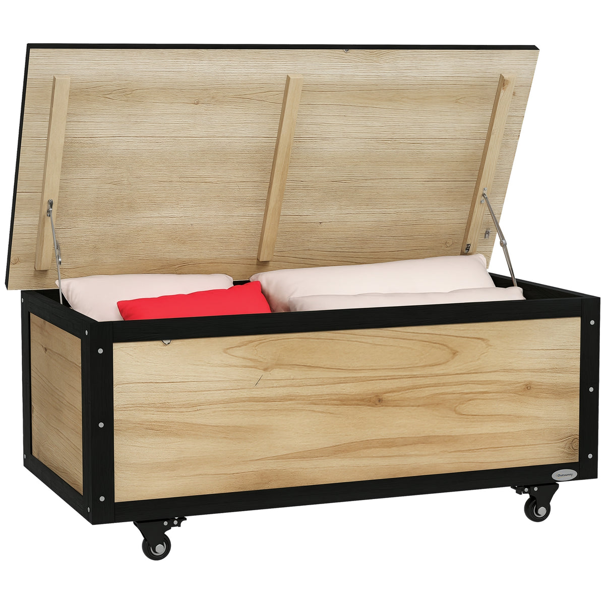 Garten-Aufbewahrungsbox, 121 Liter, 2 R?der, wetterfest, Metallscharniere, Naturholz, 100x50x43 cm