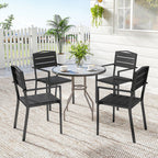Stackable Garden Chairs Set of 4, Garden Dining Chairs with Slatted HDPE Seat Back, Armrests, Metal Frame, Black
