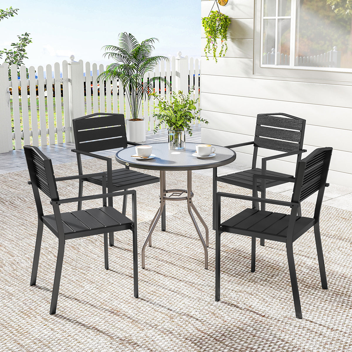 Stackable Garden Chairs Set of 4, Garden Dining Chairs with Slatted HDPE Seat Back, Armrests, Metal Frame, Black