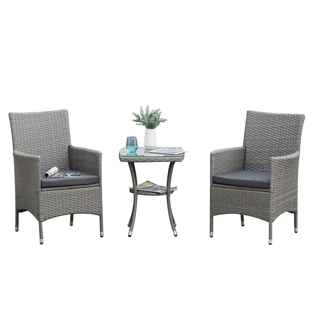 Polyrattan Gartenm?bel Set, Outdoor Lounge Balkonm?bel f¨¹r 2 Personen, 3-teilig Sitzgruppe, 2 St¨¹hle, Tisch Sitzkissen, Gartenlounge f¨¹r Garten, Terrasse, Balkon, Grau