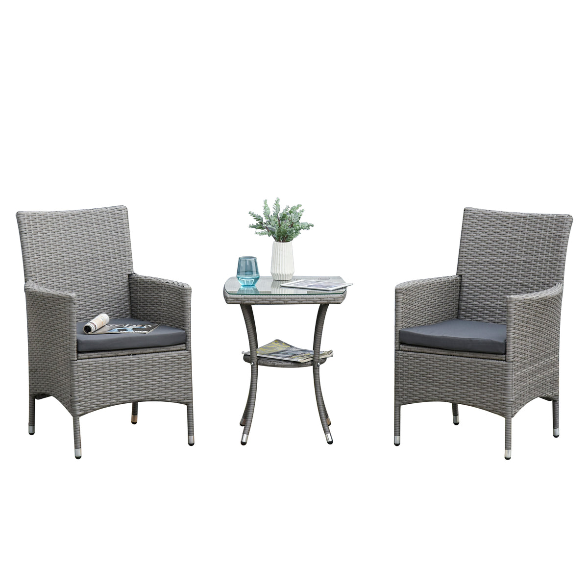 Polyrattan Gartenm?bel Set, Outdoor Lounge Balkonm?bel f¨¹r 2 Personen, 3-teilig Sitzgruppe, 2 St¨¹hle, Tisch Sitzkissen, Gartenlounge f¨¹r Garten, Terrasse, Balkon, Grau