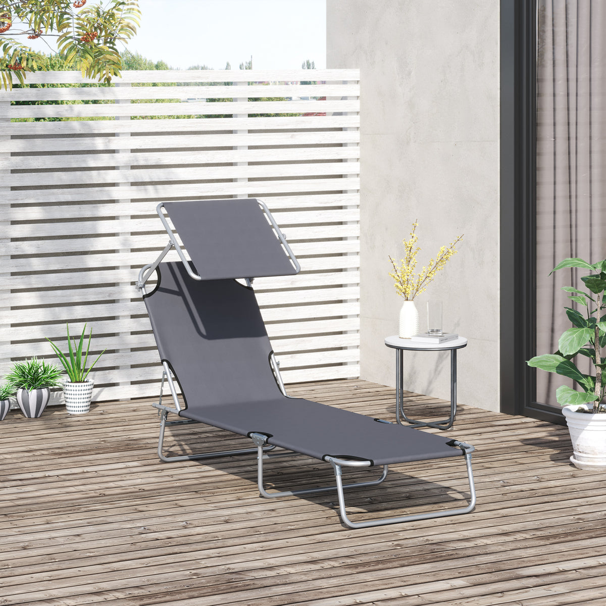  Sonnenliege klappbar Gartenliege mit Sonnenschutz Wellnessliege mit 4-Fach verstellbare Rückenlehne Strandliege bis 120kg belastbar für Garten, Balkon und Pool geeignet, 6 Farben(Grau )