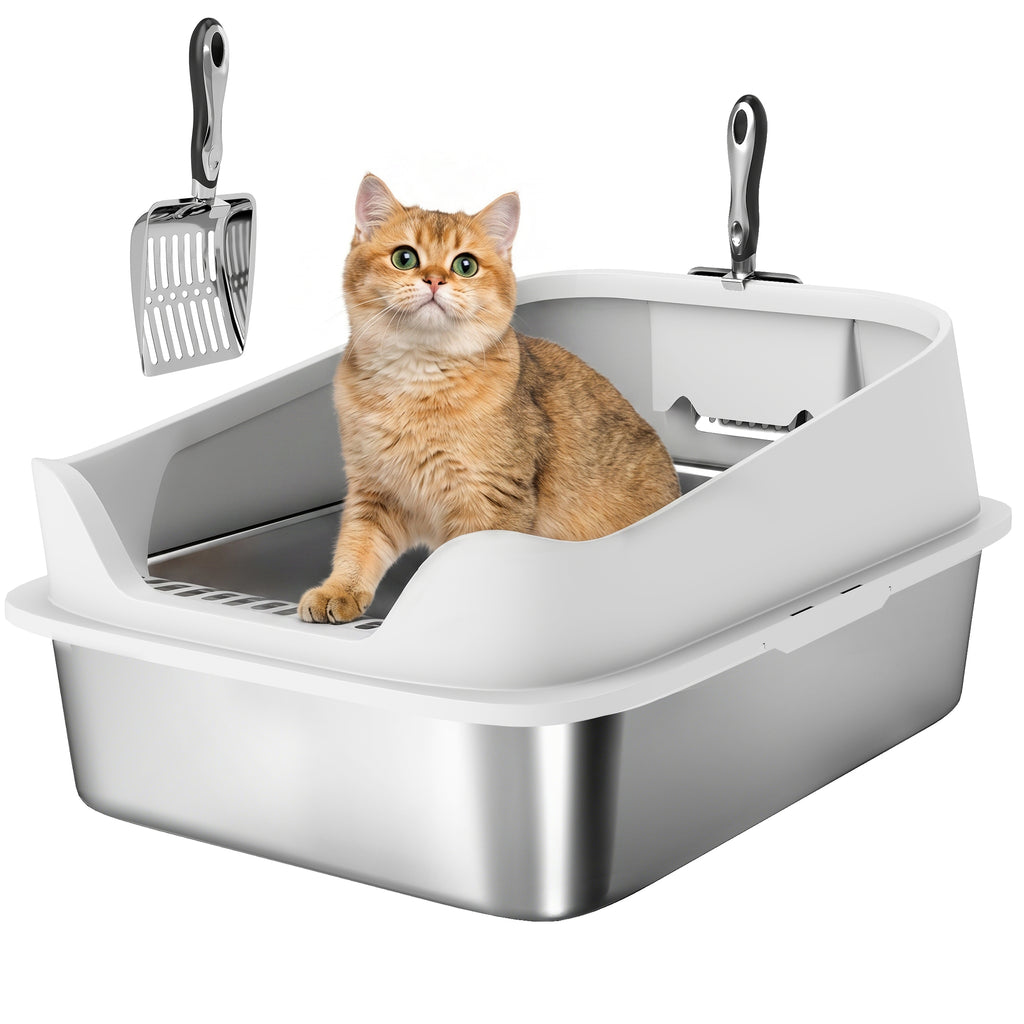 XL Stainless Steel Cat Litter Box with High Sides, Metal Scoop, 60 x 40 x 30 cm