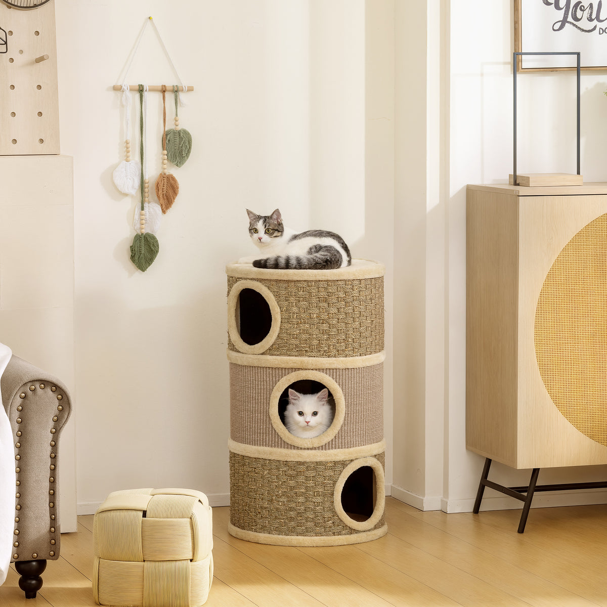 Kratztonne, 79 cm hoch, Ø45 cm, dreistöckige Katzentonne mit Sisalseil, Katzenhöhle, für große Katzen, Khaki+Braun