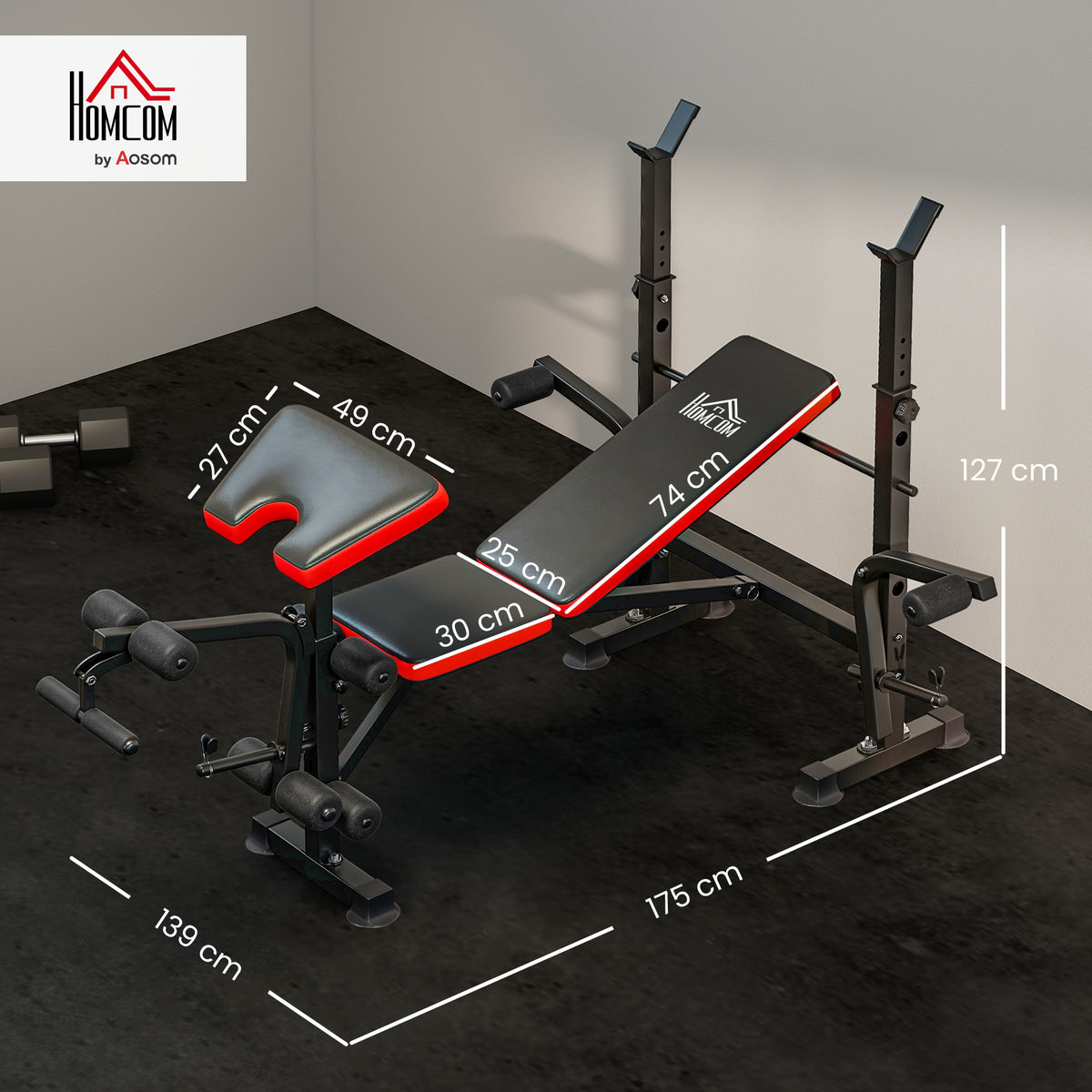 Hantelbank ohne Gewichte, verstellbare Fitnessbank für zahlreiche Übungen, Workout-Station, Stahl, Kunststoff, Schwarz+Rot
