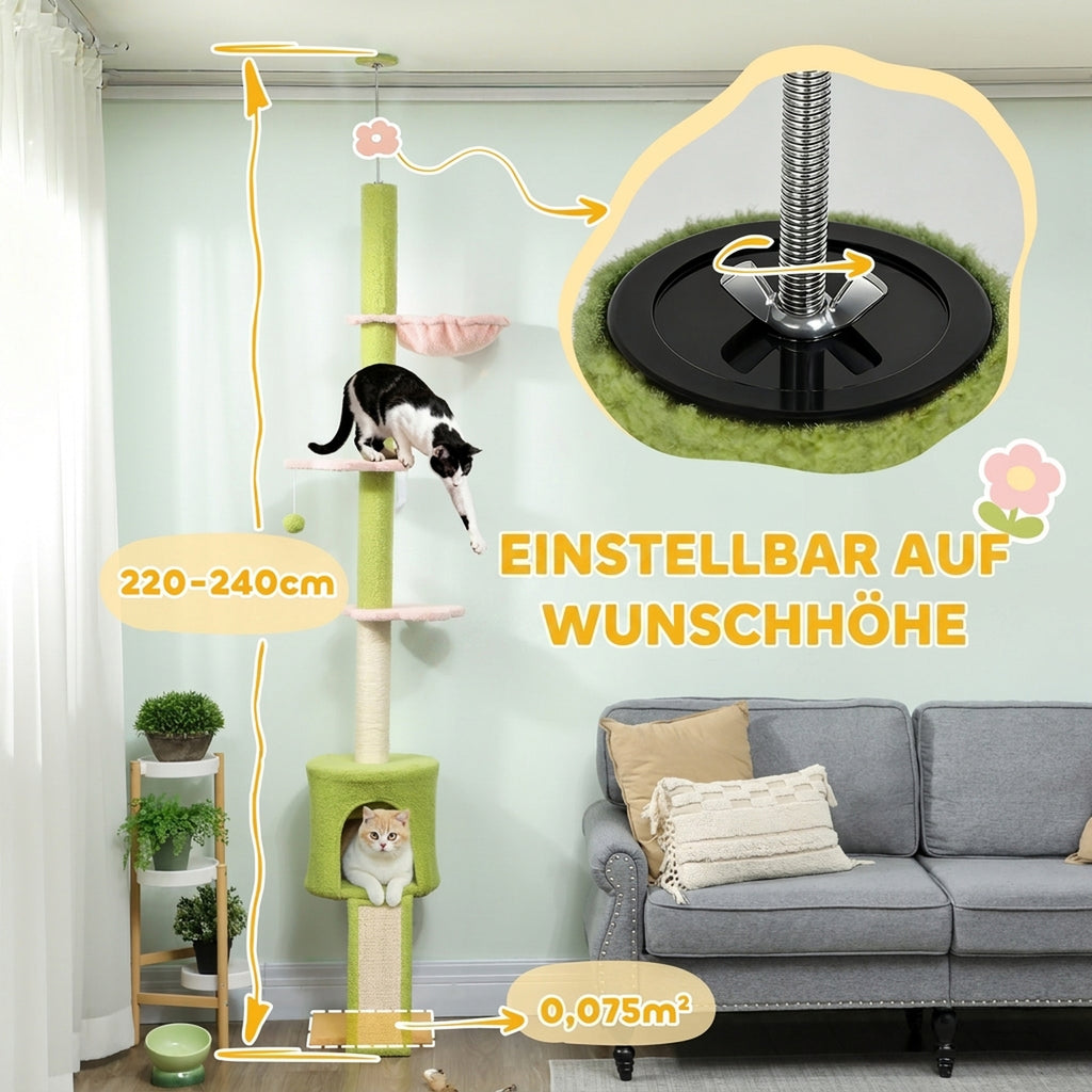 220-240 cm Floor to Ceiling Cat Tree Adjustable Height with Hammock, Condo, Scratching Posts, Green