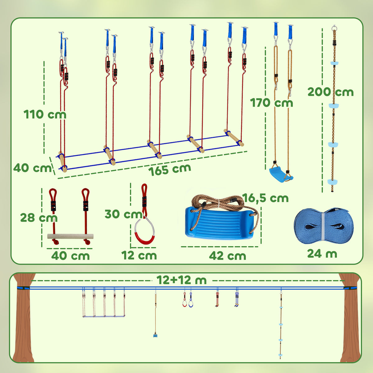 Ninja Line Kinder 24 m Slackline Set mit Turnringe 7 Hindernissen Kletterstange Balancierbrücke für 3-6 Jahre