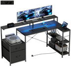 Gaming Tisch L-förmiger Schreibtisch mit LED & Steckdosen, mit Doppelmonitorständer, 165x80x91,5 cm, Schwarze Holzoptik