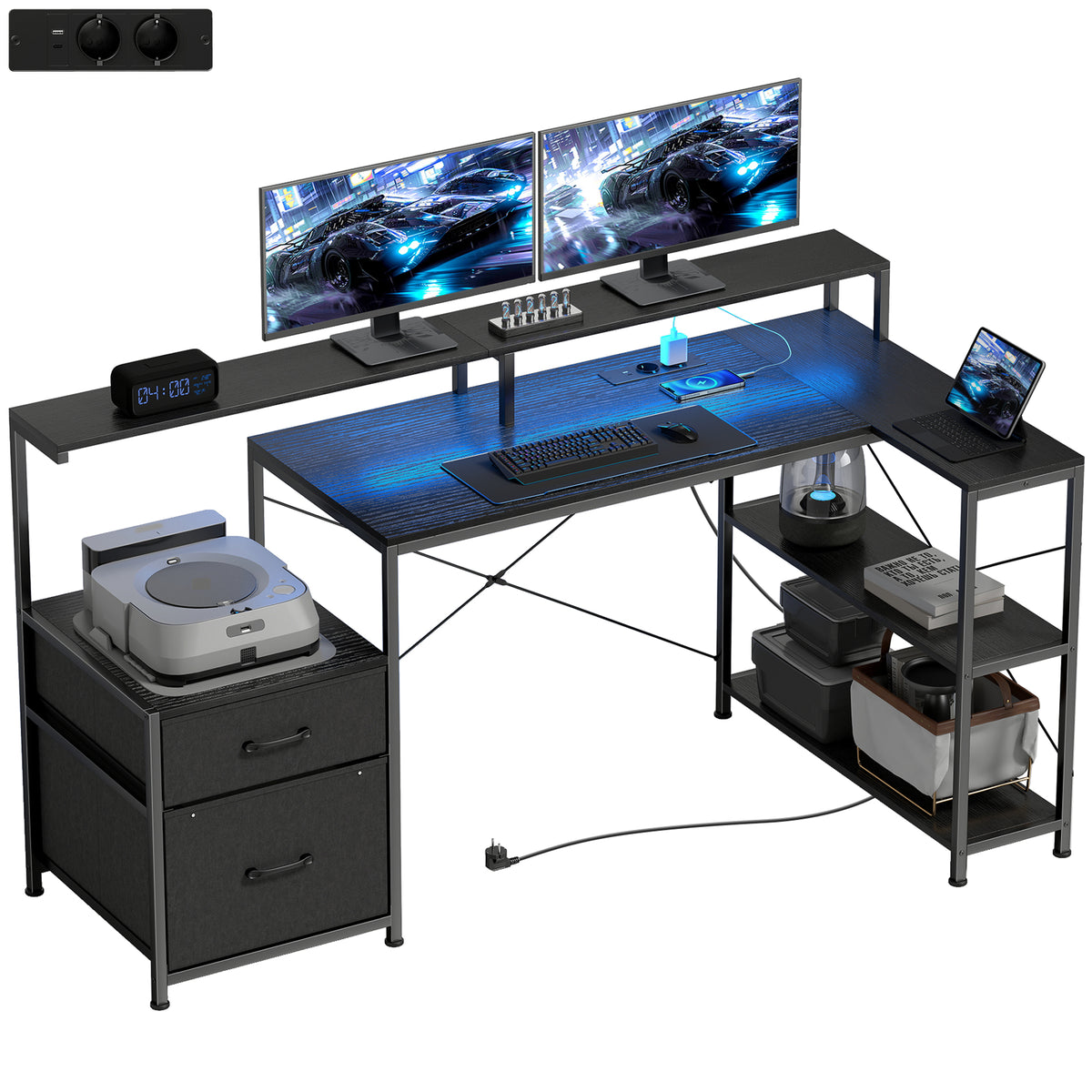 Gaming Tisch L-förmiger Schreibtisch mit LED & Steckdosen, mit Doppelmonitorständer, 165x80x91,5 cm, Schwarze Holzoptik