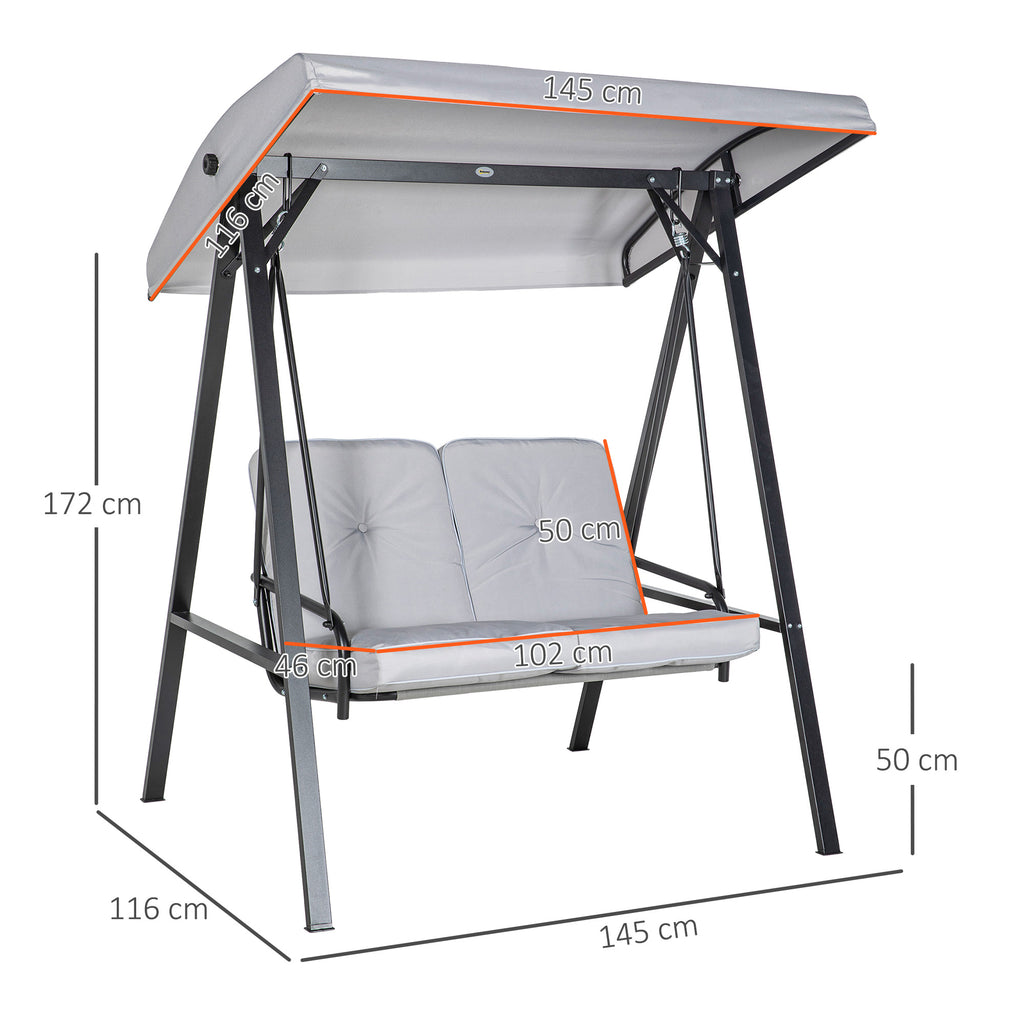 Two-Seater Garden Swing Bench, with Adjustable Canopy - Light Grey