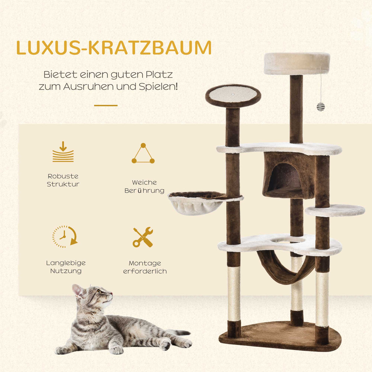  Kratzbaum mit Katzenhöhle Hängematte XXL Katzenbaum Kletterbaum Kletterbaum für Katzen Mehrstufiges Multiaktivitätszentrum Plüsch Braun 65 x 50 x 153 cm