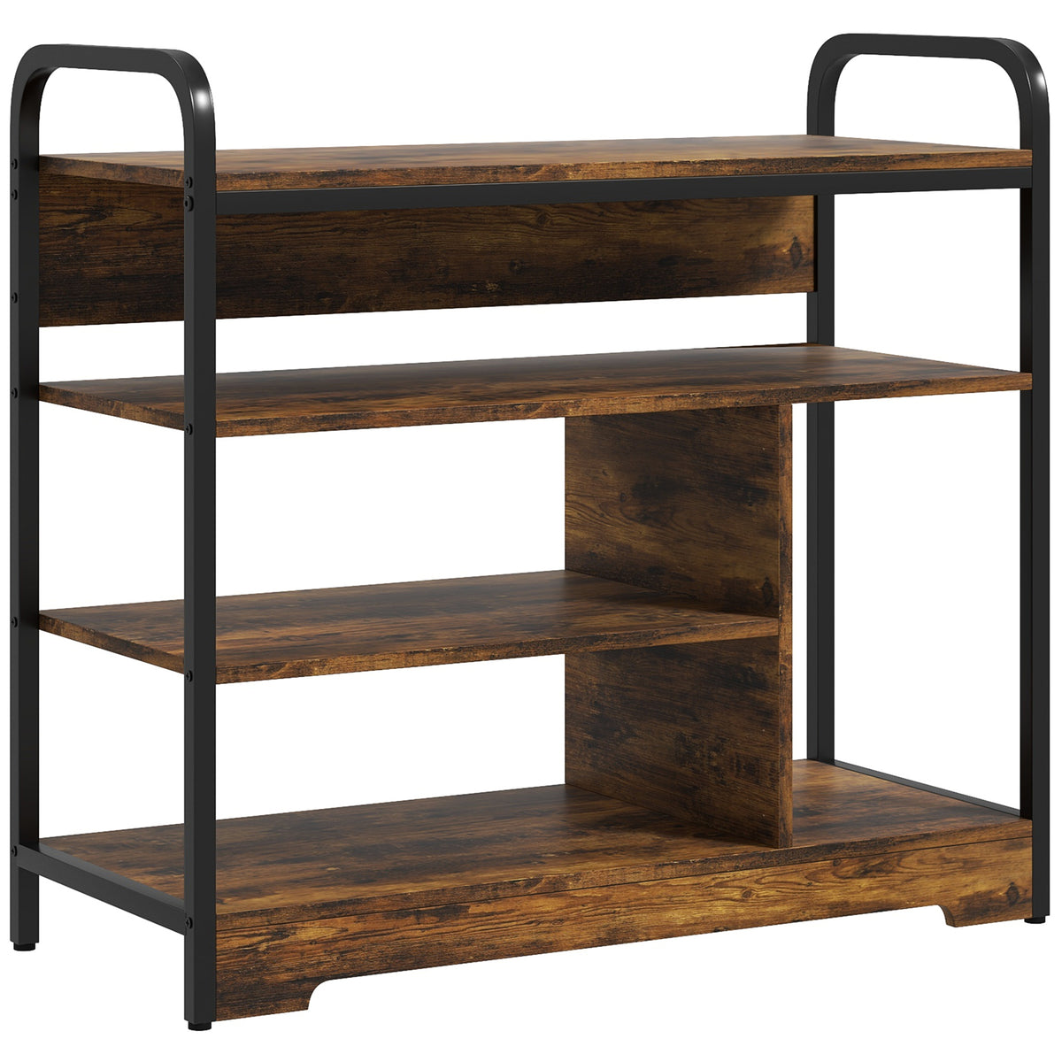 Schuhregal 4-stufig, offenes Design, Metallrahmen, verstellbare F¨¹?e, 70x30x65 cm, Braun/Schwarz