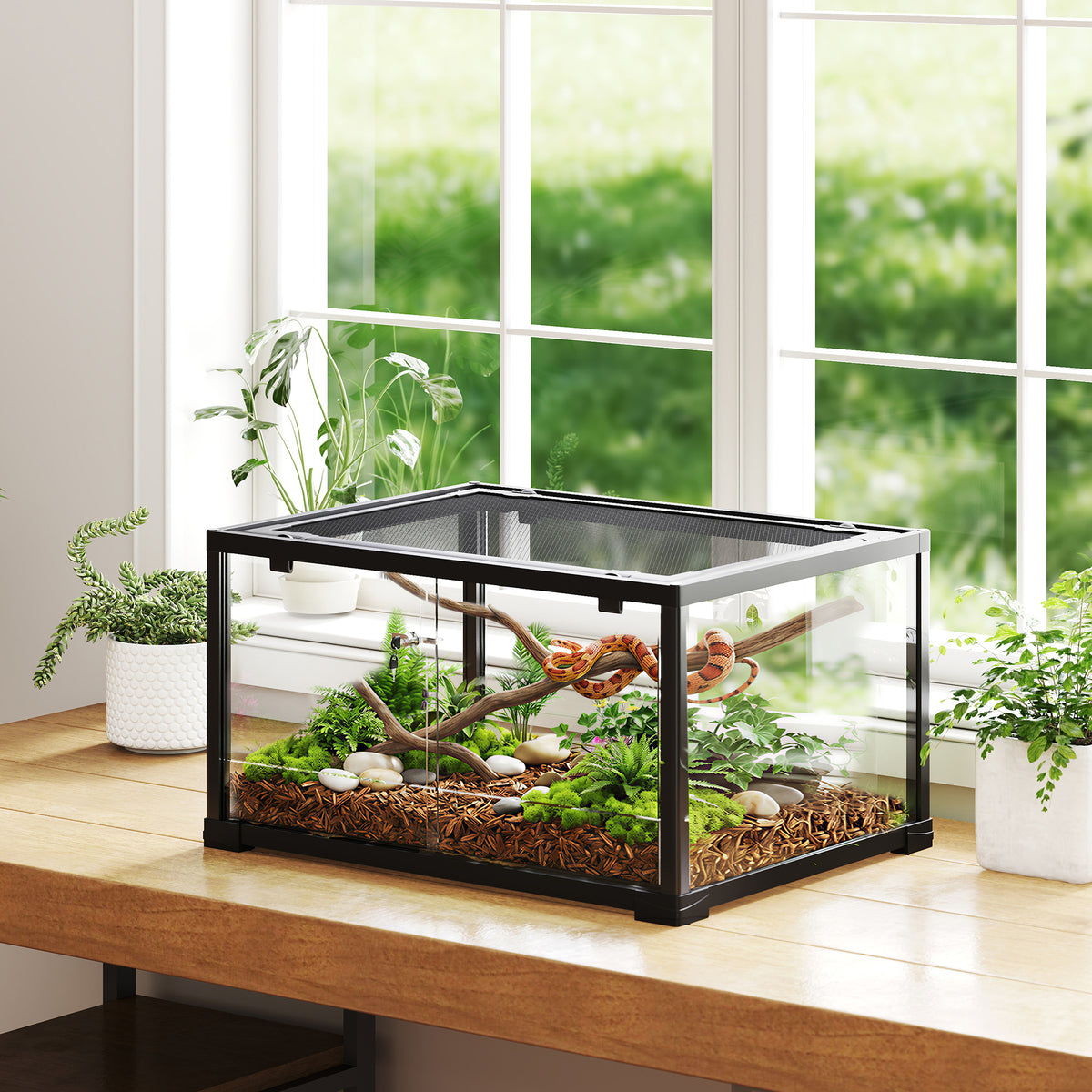 Reptilien-Terrarium, 86 Liter Vivarium mit Schiebet¨¹r, verschlie?bar, f¨¹r Echsen, Insekten, Spinnen, Geckos, 60 x 45 x 32 cm, Schwarz