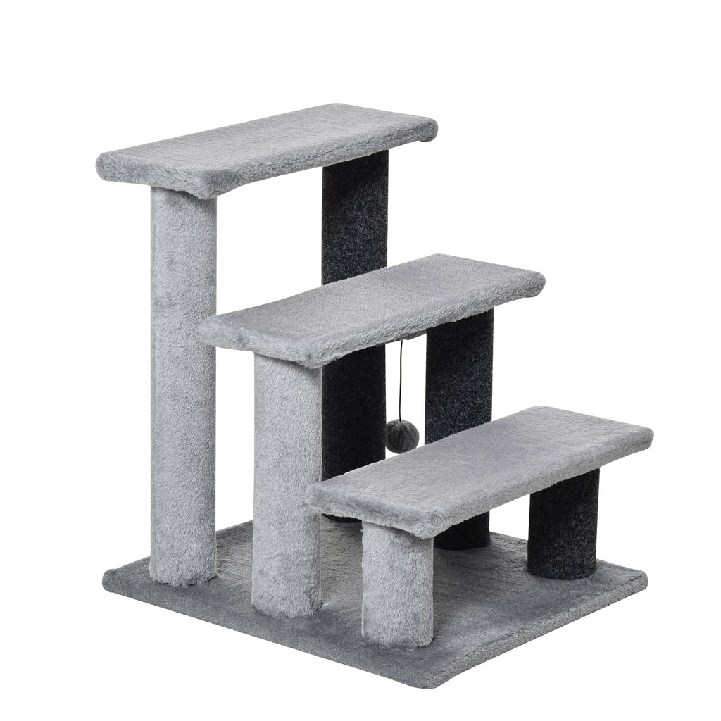 3-step Pet Stairs with Scratching Posts, Platforms, Toy Ball, Grey