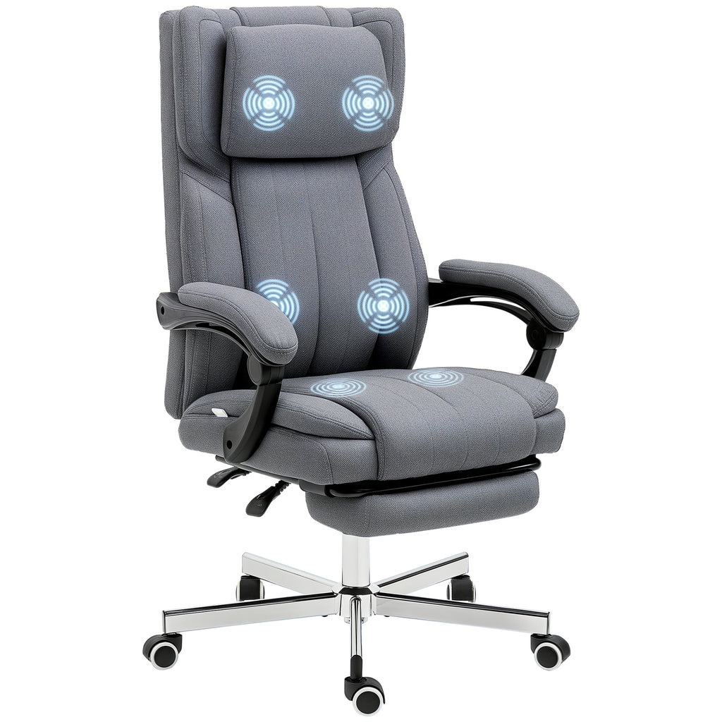 B¨¹rostuhl mit Massagefunktion, neigbare R¨¹cklehne, ausziehbare Fu?st¨¹tze, Leinenoptik, grau, 65 x 61 x 118 cm