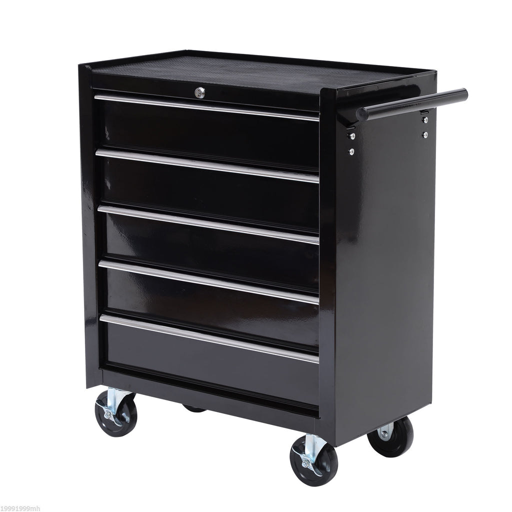 5-Drawer Tool Chest with Wheels, Steel Lockable Tool Storage Cabinet with Handle, 2 Keys for Garage, Workshop, Black