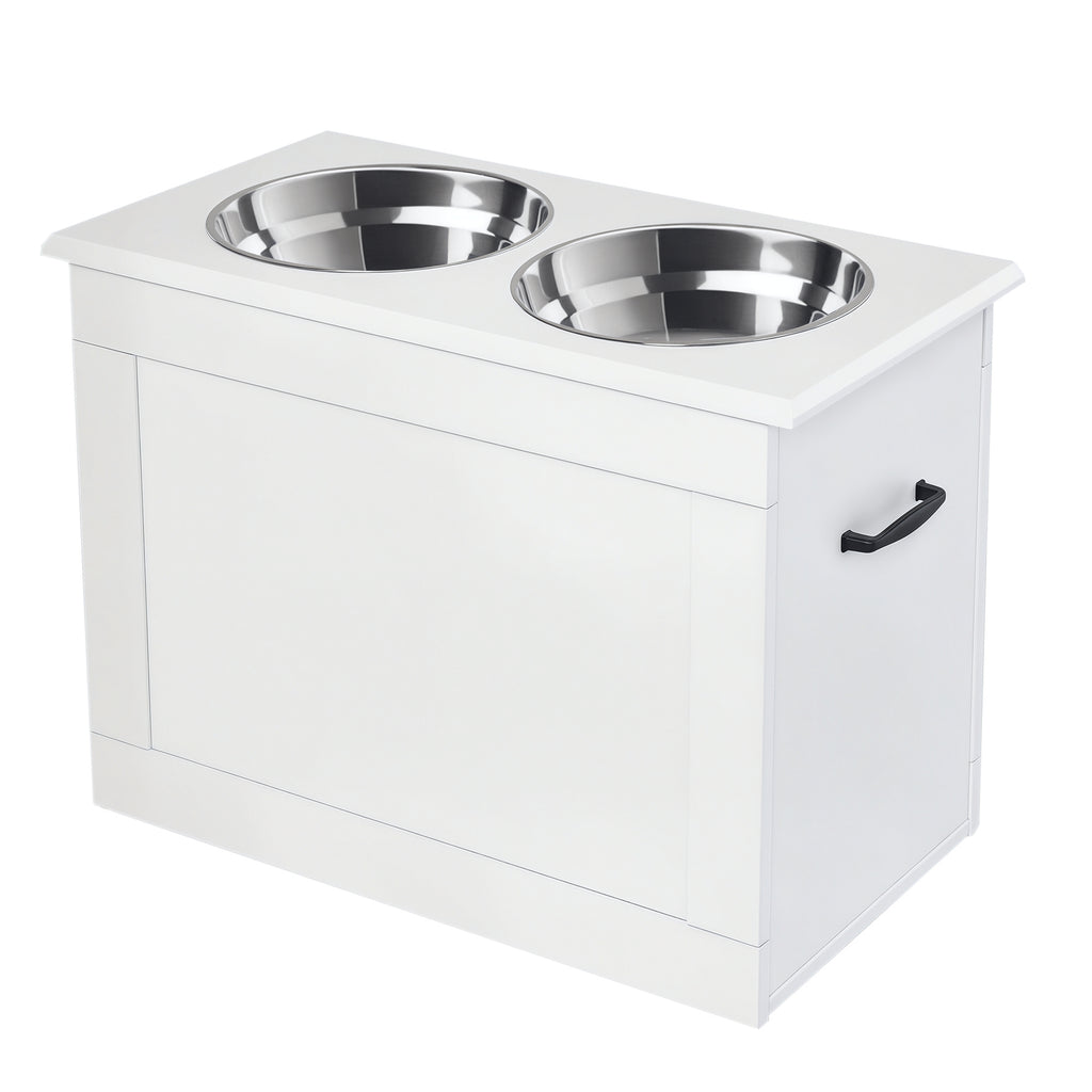 Raised Dog Bowls, with Storage, Two Stainless Steel Bowls, Elevated Base - White