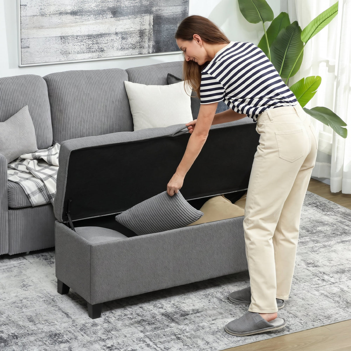 Sitzbank mit Stauraum, Polsterbank 120x40x48 cm mit Sicherheits-Scharniern, Leinenoptik, Dunkelgrau