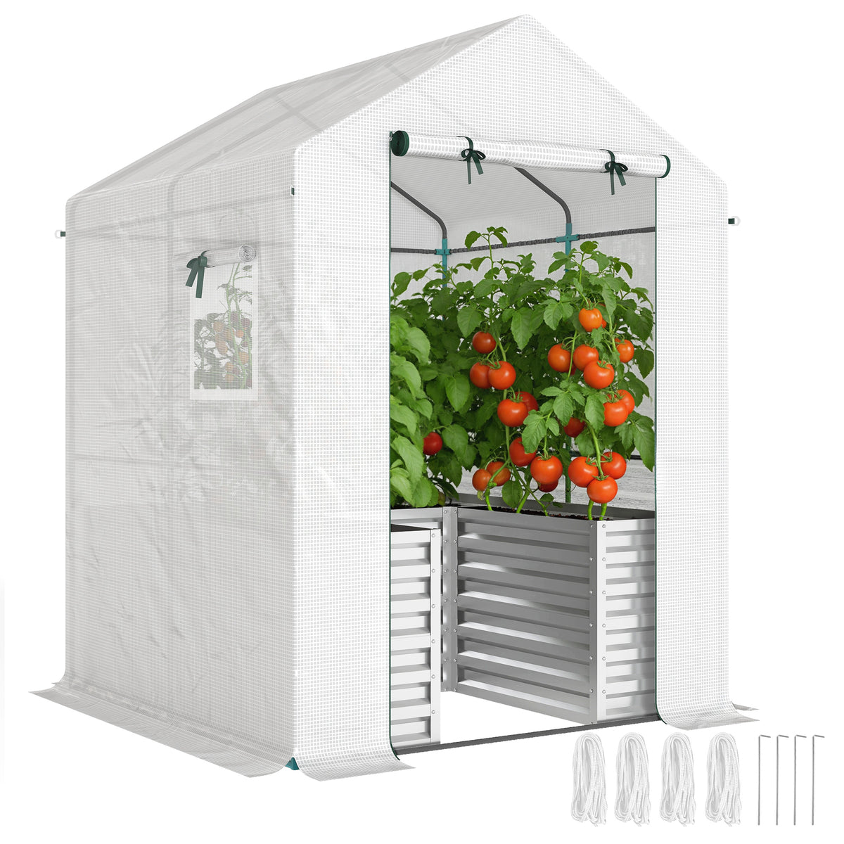 Tomatengewächshaus Foliengewächshaus mit Hochbeet Rolltor Fenster Schrägdach 141 x 141 x 190 cm Weiß