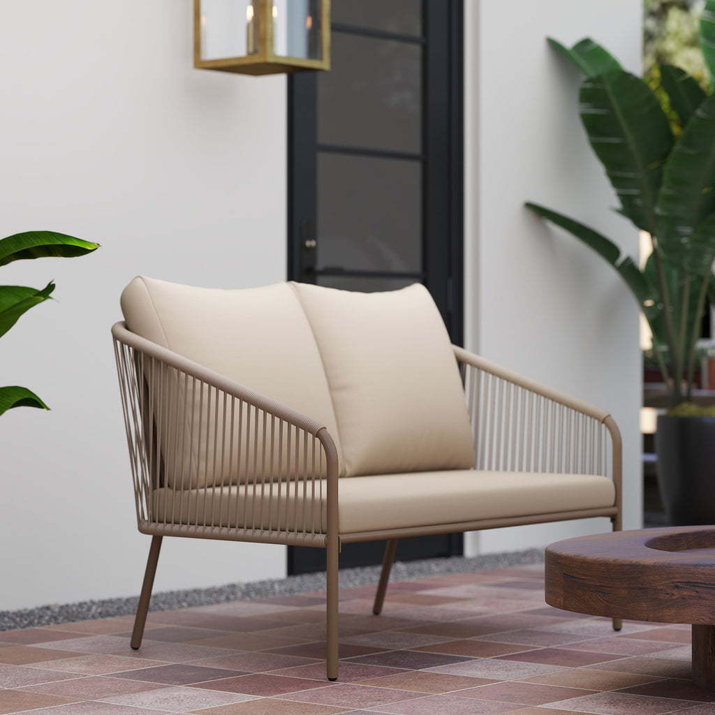 2-Sitzer Rattansofa mit Kissen Loungesofa Sitzgruppe, Wetterfest Couch Beige