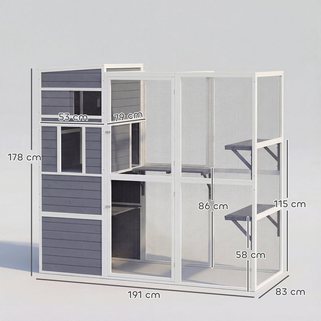 Katzengehege Outdoor Katzenhaus aus Holz mit 3 Plattformen wetterfest Dach Ruhebereich für 3-4 Katze bis 10 kg Grau