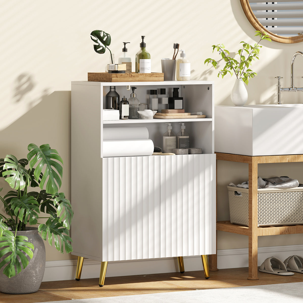 Badezimmerschrank, Kommode f¨¹r Wohnr?ume, Soft-Close-T¨¹ren, 2 offene Regale, MDF, Wei?
