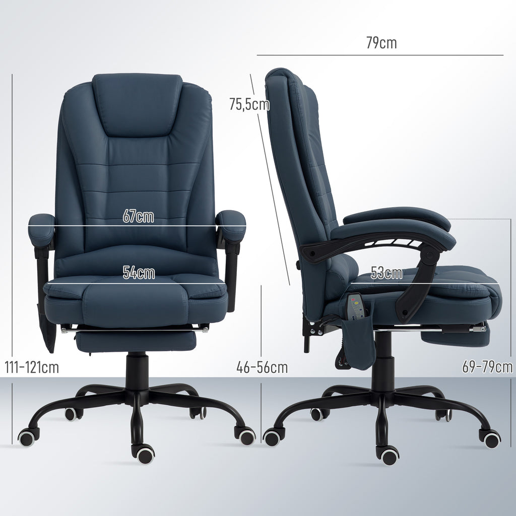Massage-B¨¹rostuhl, 7 Vibrationspunkte, verstellbare Fu?st¨¹tze & Lehne, bis 120 kg, Lederoptik, Blau