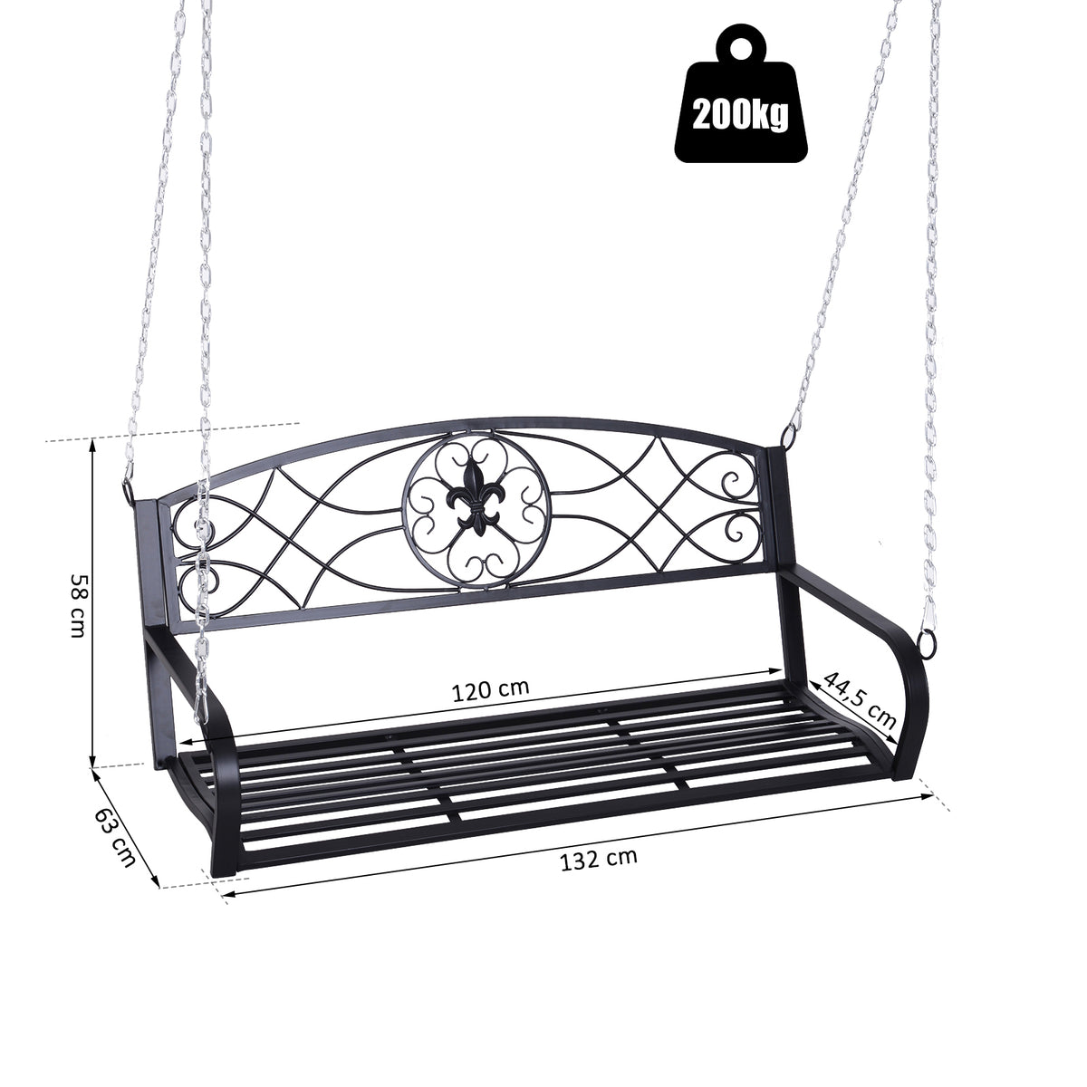 Hängebank 2-Sitzer Gartenschaukel Schaukelbank Hollywoodschaukel Schwebebank mit Ketten Metall Schwarz 132 x 63 x 58 cm