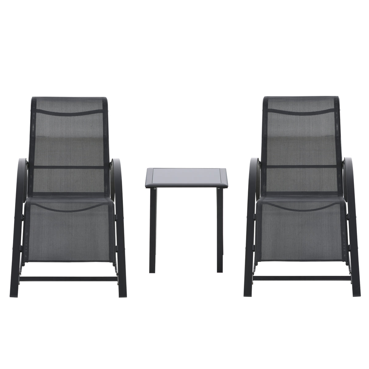 Gartenlounge-Set, 2 Liegen mit Beistelltisch, atmungsaktiver Stoff, stabiler Metallrahmen, Schwarz